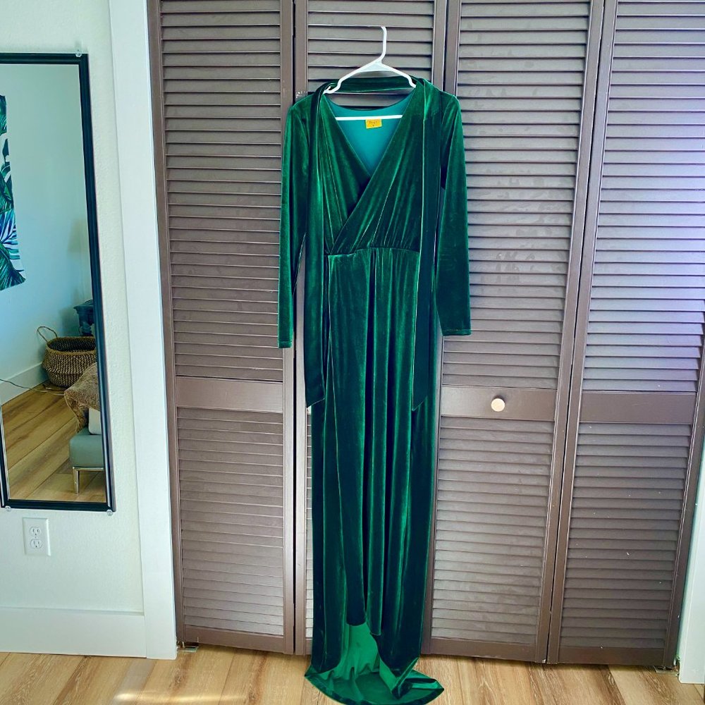 Bridesmaid Emerald Dark Green Velvet Maxi Wrap Dress High Slit Long Sleeved Gown